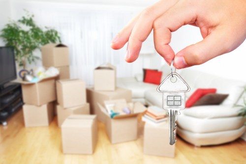A close-up of a person's hand holding a metal house-shaped keyring with a small house cut-out and a single key attached, positioned in the foreground of a living room. In the background, there are multiple cardboard boxes of various sizes, some sealed with packing tape, scattered across a wooden floor, indicating packing for a home move. A white sofa with red cushions and a few books or small items on it is visible behind the boxes, alongside a black shelf or cabinet partially seen on the left. The room appears well-lit with natural light, and a potted green plant is situated near a window, contributing to the residential atmosphere. This scene relates to house removals and relocation services in Pimlico, London, with the company's website suggesting a professional moving context from Pimlico Man with Van.