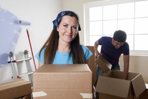 A woman with long brown hair, wearing a blue t-shirt and a blue headscarf, stands in a well-lit room holding a medium-sized cardboard moving box with brown packing tape securing it. Behind her, a young man in a dark blue t-shirt is tilting a larger open cardboard box, seemingly preparing to place or pack items inside. The room has white walls and a large window allowing natural light to fill the space. To the left, part of a wall-mounted pegboard with tools and a red-handled roller brush is visible, indicating a residential setting during a house move. Several other cardboard boxes, some sealed and others open, are stacked or placed on the floor, suggesting preparations for a house removal or relocation within Pimlico or nearby London areas. The scene reflects a professional yet casual household packing process, typical of house removals services offered by Pimlico Man with Van.