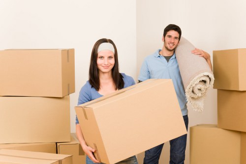 A young woman and man, both with light skin and casual clothing, are standing in a plain, well-lit room with white walls, surrounded by several large, plain brown cardboard boxes used for house removals in the Pimlico or Westminster area. The woman, positioned on the left, is smiling directly at the camera and holding a medium-sized cardboard box with both hands, which appears to be sealed and ready for transport. She has dark brown hair and is wearing a light blue top and a white headband. The man, standing on the right, is also smiling and holding a rolled-up beige rug with a textured surface over his right shoulder, supporting it with his hand. He has short dark hair and is dressed in a light blue shirt and dark trousers. The boxes around them vary in size and are stacked or arranged on the floor, indicating an ongoing move or packing process typical of local house removals in central London. The environment suggests an interior residential space prepared for relocation by Pimlico Man with Van services.