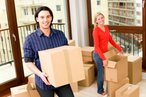 A young man and a woman are inside a bright, modern apartment with large windows overlooking a residential street in Pimlico. The man, wearing a blue and black striped shirt, is smiling while holding a medium-sized cardboard box sealed with brown packing tape. The woman, dressed in a red long-sleeve top and blue jeans, is standing next to a stack of cardboard boxes of various sizes, some open and some closed, indicating they are in the process of packing or unpacking. The boxes are made of brown corrugated cardboard, and the floor appears to be light-colored wood or laminate. Behind them, a balcony with black metal railing is visible through the glass doors. The scene captures a typical house removal or relocation moment, highlighting the careful handling of belongings, with natural daylight illuminating the room from the large windows, which offer a view of an urban street lined with brick residential buildings. The image conveys a professional but friendly atmosphere related to house removals services in central London areas, such as Pimlico, managed by Pimlico Man with Van.